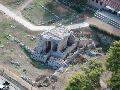 Aerial photo of the Glauke Fountain. In the background the Archaeological Muesum of Ancient Corinth